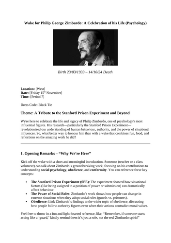 Wake for Philip Zimbardo - The Stanford Prison Experiment - Class Activity - Social Influence