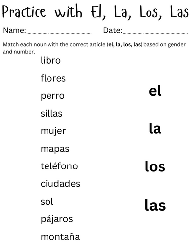 el la los las in spanish worksheet