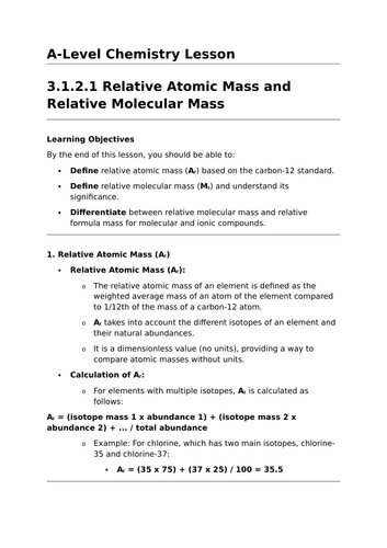 Relative Atomic Mass and Relative Molecular Mass - A-Level Chemistry Lesson