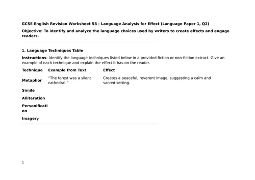 GCSE English- Language, Structure, and Comparative Analysis Techniques - 58, 59, and 60