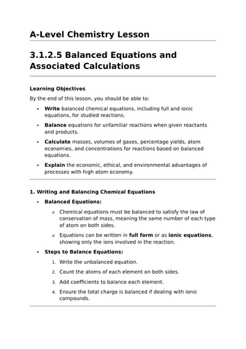 Balanced Equations and Associated Calculations - A-Level Chemistry