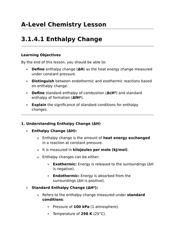 Enthalpy Change - A-Level Chemistry