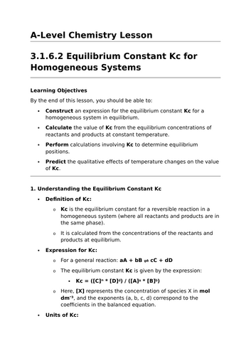 Equilibrium Constant Kc for Homogeneous Systems - A-Level Chemistry Lesson