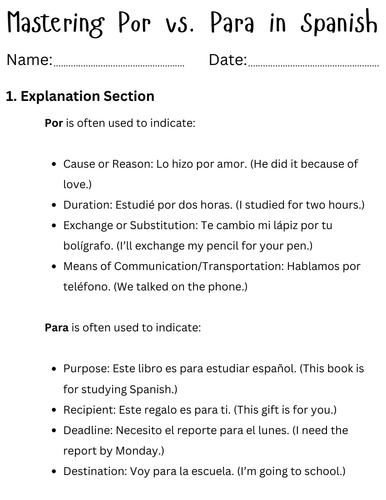 when to use por and para in spanish - por vs para worksheet