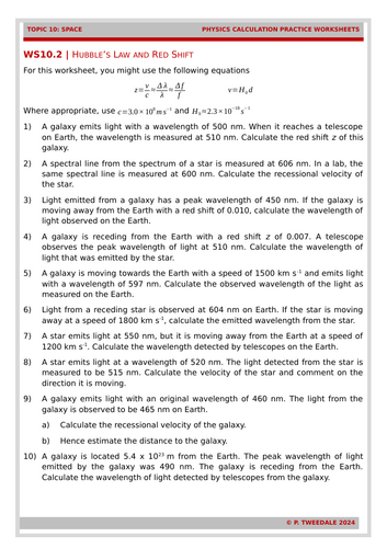 Space: Red Shift Calculations