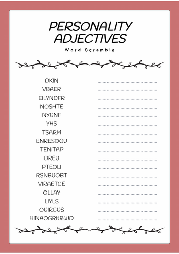 Personality adjectives word scramble puzzle worksheet Activity