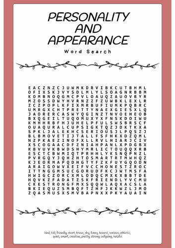 Personality and Appearance Word Search Puzzle Worksheet Activity