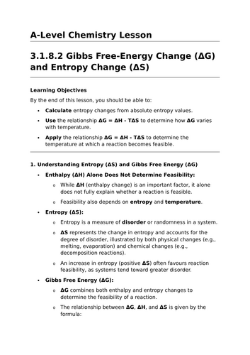 Gibbs Free-Energy Change (ΔG) and Entropy Change (ΔS) - A-Level Chemistry Lesson