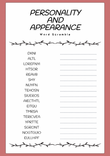 Personality and Appearance Word Scramble Puzzle Worksheet Activity