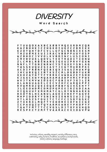 Diversity Word Search Puzzle Worksheet Activity