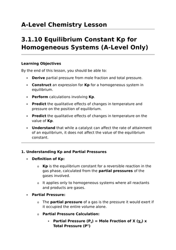 Equilibrium Constant Kp for Homogeneous Systems - A-Level Chemistry Lesson