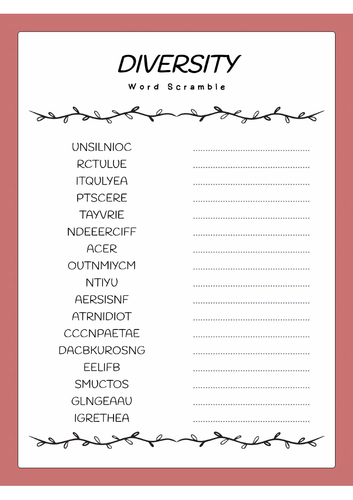 Diversity Word Scramble Puzzle Worksheet Activity