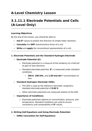 Electrode Potentials and Cells - A-Level Chemistry Lesson