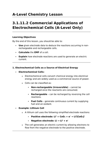 Commercial Applications of Electrochemical Cells - A-Level Chemistry