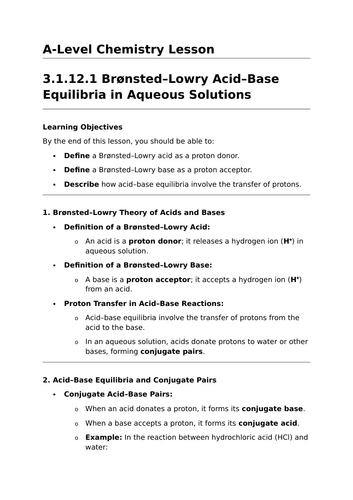 Brønsted–Lowry Acid–Base Equilibria in Aqueous Solutions - A-Level Chemistry Lesson