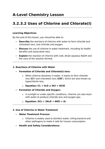 Uses of Chlorine and Chlorate - A-Level Chemistry Lesson