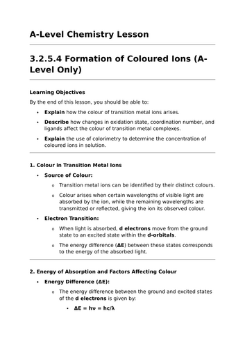 Formation of Coloured Ions - A-Level Chemistry Lesson