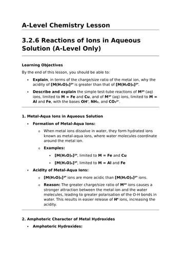 Reactions of Ions in Aqueous Solutions - A-Level Chemistry Lesson