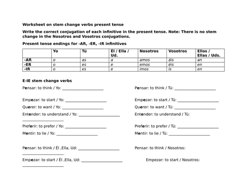 Worksheet on stem change verbs present tense