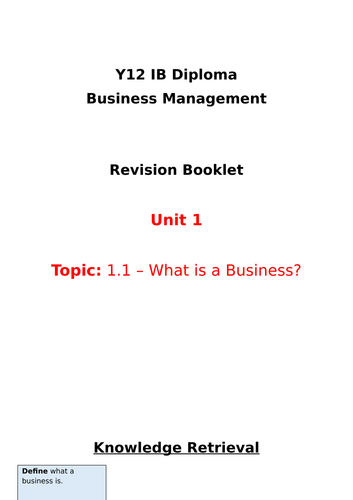 Y12 IB Business Management: Unit 1 - 1.1 Revision Booklet