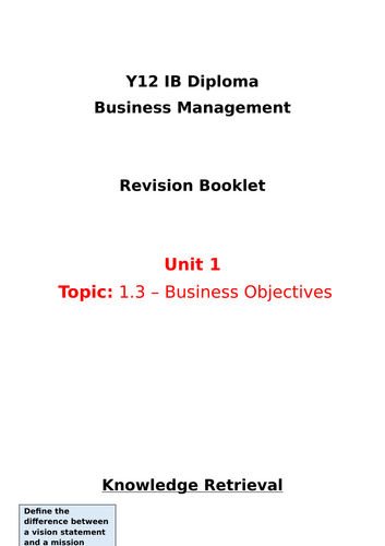 Y12 IB Business Management: Unit 1 - 1.3 Revision Booklet