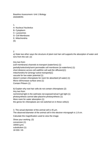 BTEC Unit 1-Biology Baseline test