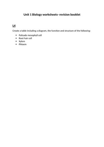 BTEC Unit 1 Biology Workbook and answer sheet