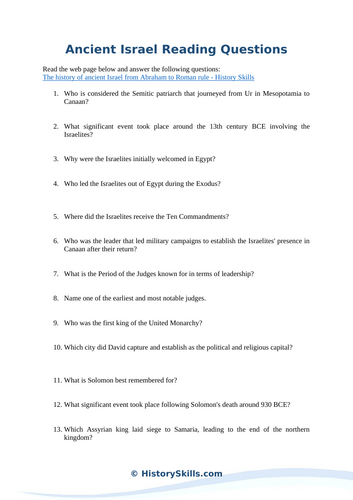 History of Ancient Israel Reading Questions Worksheet