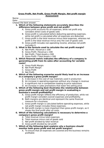 Gross Profit, Net Profit, Gross Profit Margin, Net Profit Margin Questions