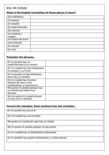 KS3 Spanish worksheet: mi ciudad (my city)