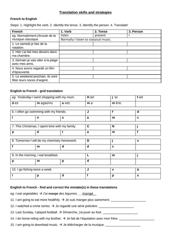 Translation Skills Worksheet - French GCSE