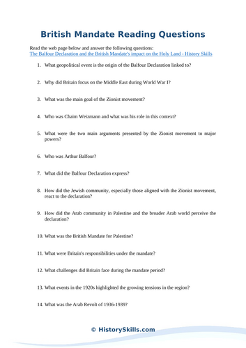 British Mandate for Palestine Reading Questions Worksheet