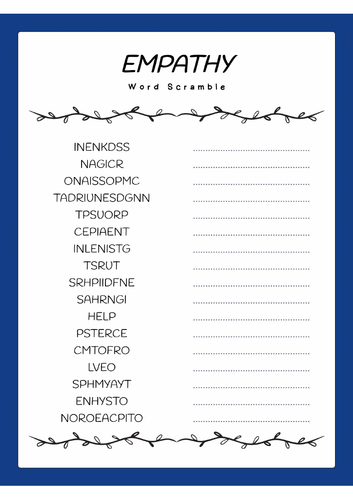 Empathy Word Scramble Puzzle Worksheet Activity