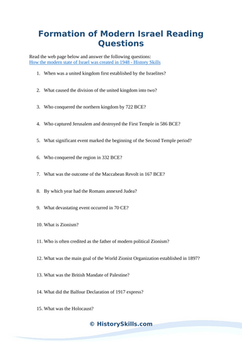 Formation of Modern Israel Reading Questions Worksheet