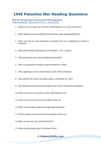 1948 Israel Palestine War Reading Questions Worksheet