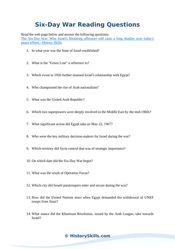 Six-Day War Reading Questions Worksheet