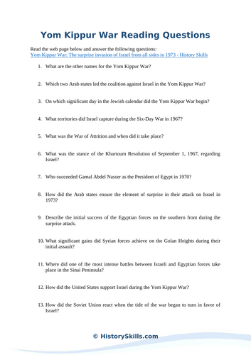 Yom Kippur War Reading Questions Worksheet