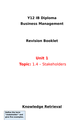 Y12 IB Business Management: Unit 1 - 1.4 Revision Booklet