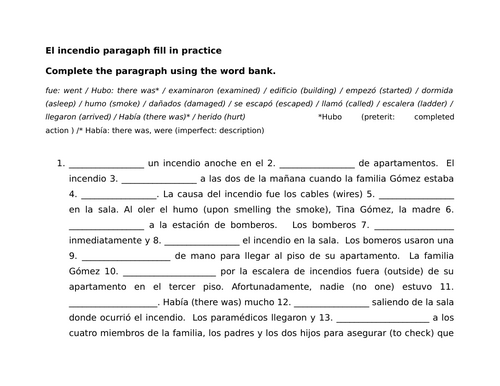 El incendio paragaph fill in practice