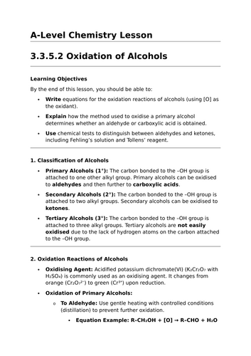 Oxidation of Alcohols - A-Level Chemistry Lesson