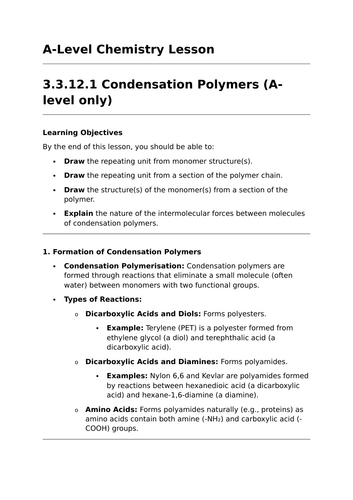 Condensation Polymers - A-Level Chemistry Lesson