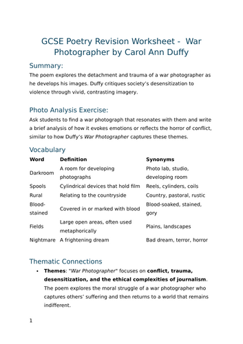 War Photographer by Carol Ann Duffy - GCSE Poetry Revision Worksheet