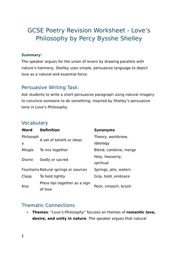 Love’s Philosophy by Percy Bysshe Shelley - GCSE Poetry Revision Worksheet