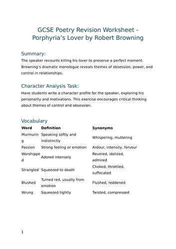 Porphyria’s Lover by Robert Browning - GCSE Poetry Revision Worksheet