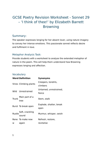 Sonnet 29 – ‘I think of thee!’ by Elizabeth Barrett Browning - GCSE Poetry Revision Worksheet