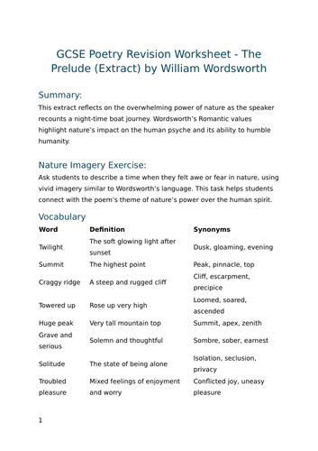 The Prelude (Extract) by William Wordsworth - GCSE Poetry Revision Worksheet