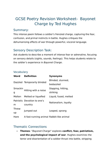 Bayonet Charge by Ted Hughes- GCSE Poetry Revision Worksheet