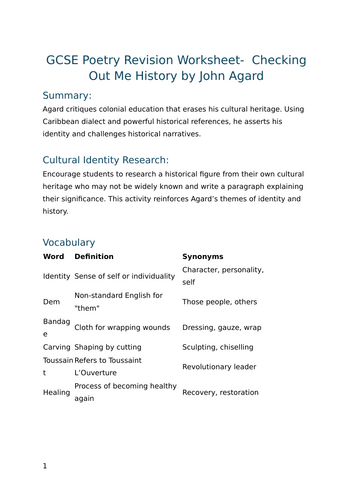 Checking Out Me History by John Agard - GCSE Poetry Revision Worksheet