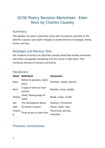 Eden Rock by Charles Causley- GCSE Poetry Revision Worksheet