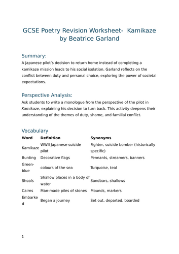 Kamikaze by Beatrice Garland - GCSE Poetry Revision Worksheet